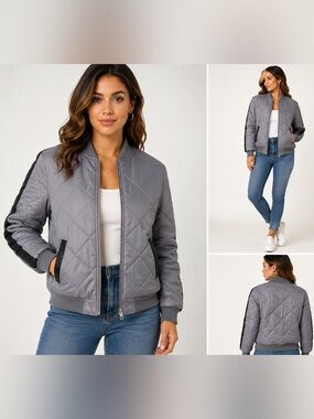 White Mark Gray Quilted Bomber Jacket Black Trim NWT Size M
